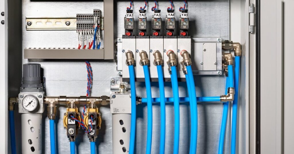 The front of an assembly for a compressed air system with various gauges, wires, and hoses coming off of it.