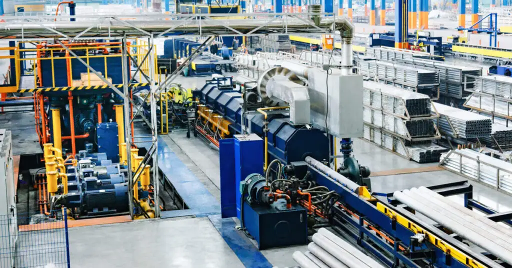 A brightly lit warehouse with a manufacturing assembly line inside. The machinery and poles in the warehouse are blue.