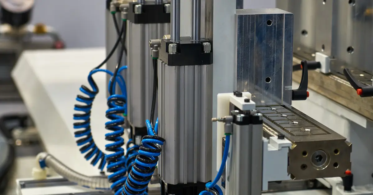 Silver pneumatic cylinders attached to blue and black coiled tubing in a room with gray walls.