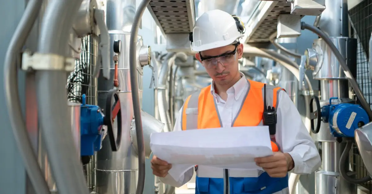 Guide de dimensionnement du système de tuyauterie de votre compresseur d'air - US Air Compressor A man in a white hard hat and blue and orange vest looks at a sheet of paper while surrounded by machinery.