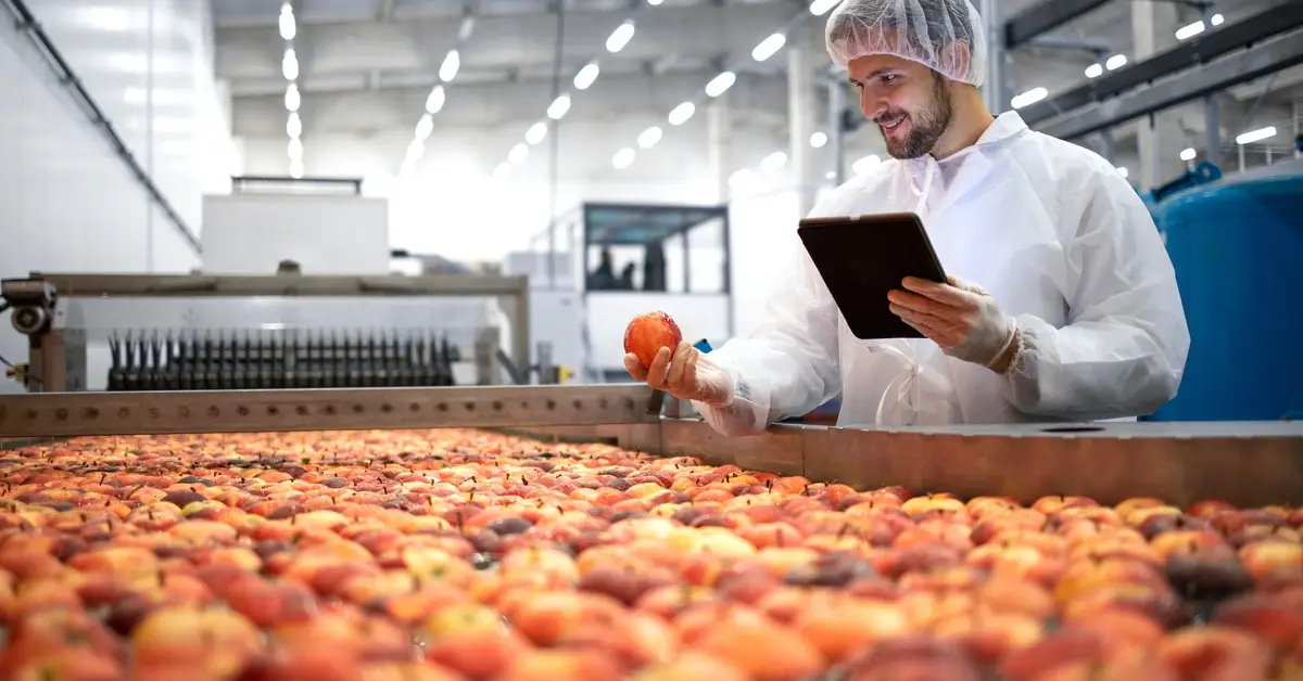 Pourquoi choisir des compresseurs à vitesse fixe plutôt qu'un variateur de fréquence ? - Compresseur d'air américain A man in a hair net holding a clipboard looks at an apple on a conveyer belt in a factory.