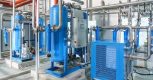 A series of pipes and machine air compressors in an indoor industrial environment. The tanks are painted blue.
